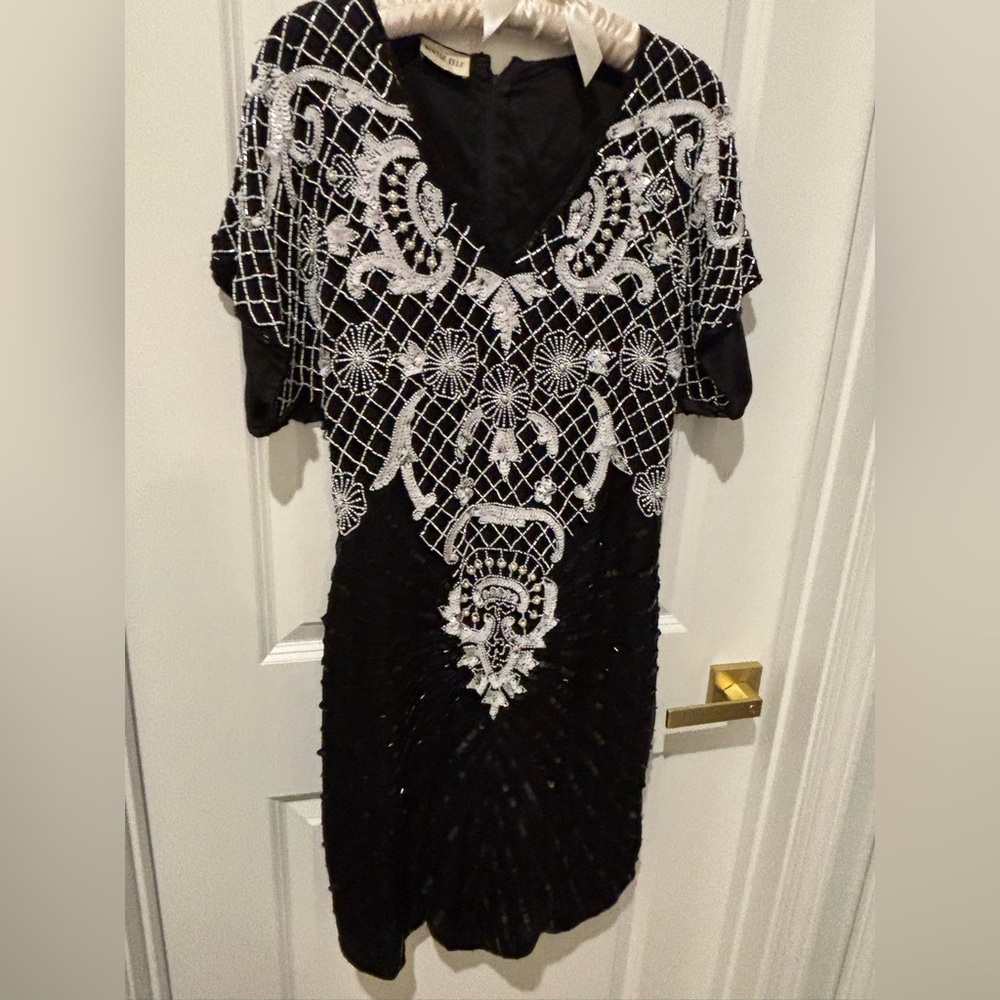 Vintage Denise Elle 100% Satin Black Dress with White Sequins, Beads, Pearls